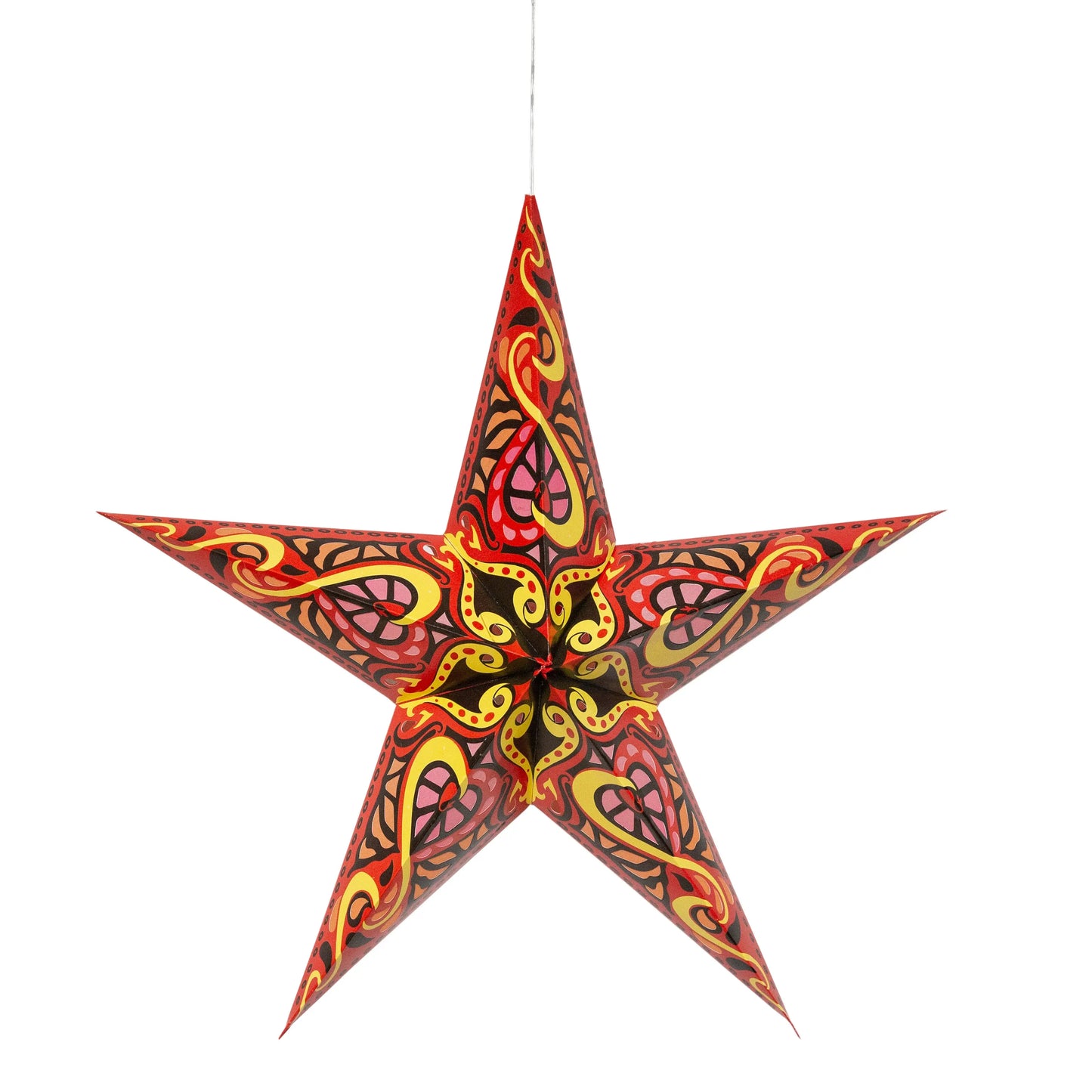 Gaea 24" Artschatz paper star with intricate orange and brown paisley patterns. - Gaea 5 Point 24" Orange / Brown