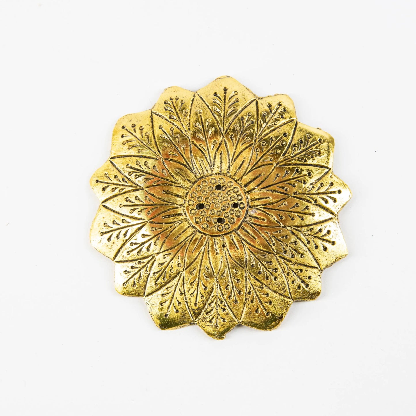Gold Artschatz lotus flower incense holder with intricate leaf etching for sticks and cones. - Lotus Flower - Gold - Incense Holder for Sticks and Cones