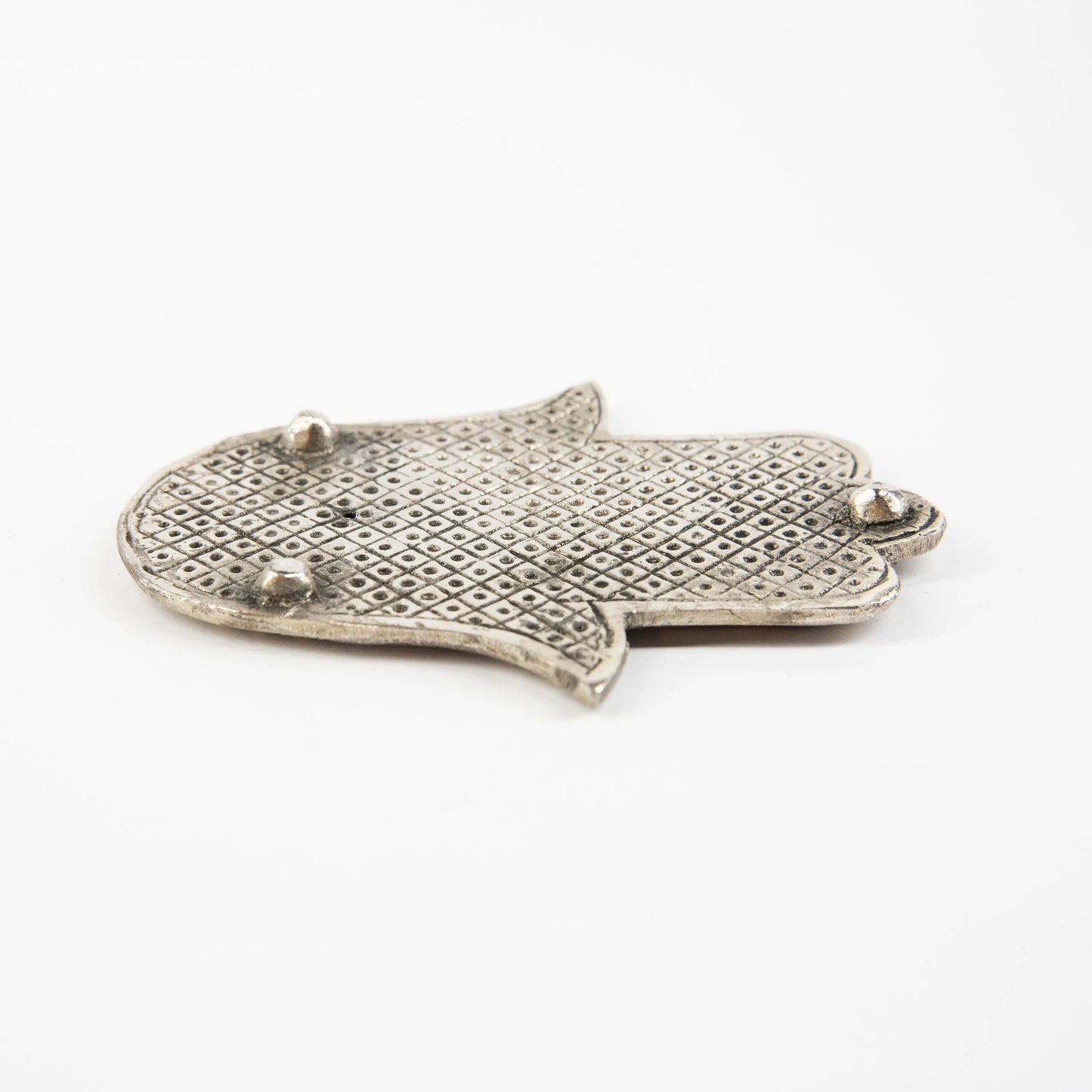 Artschatz silver-toned Hamsa hand incense holder with intricate textured pattern for sticks and cones. - Hamsa Hand - Mixed Colors - Incense Holder for Sticks and Cones