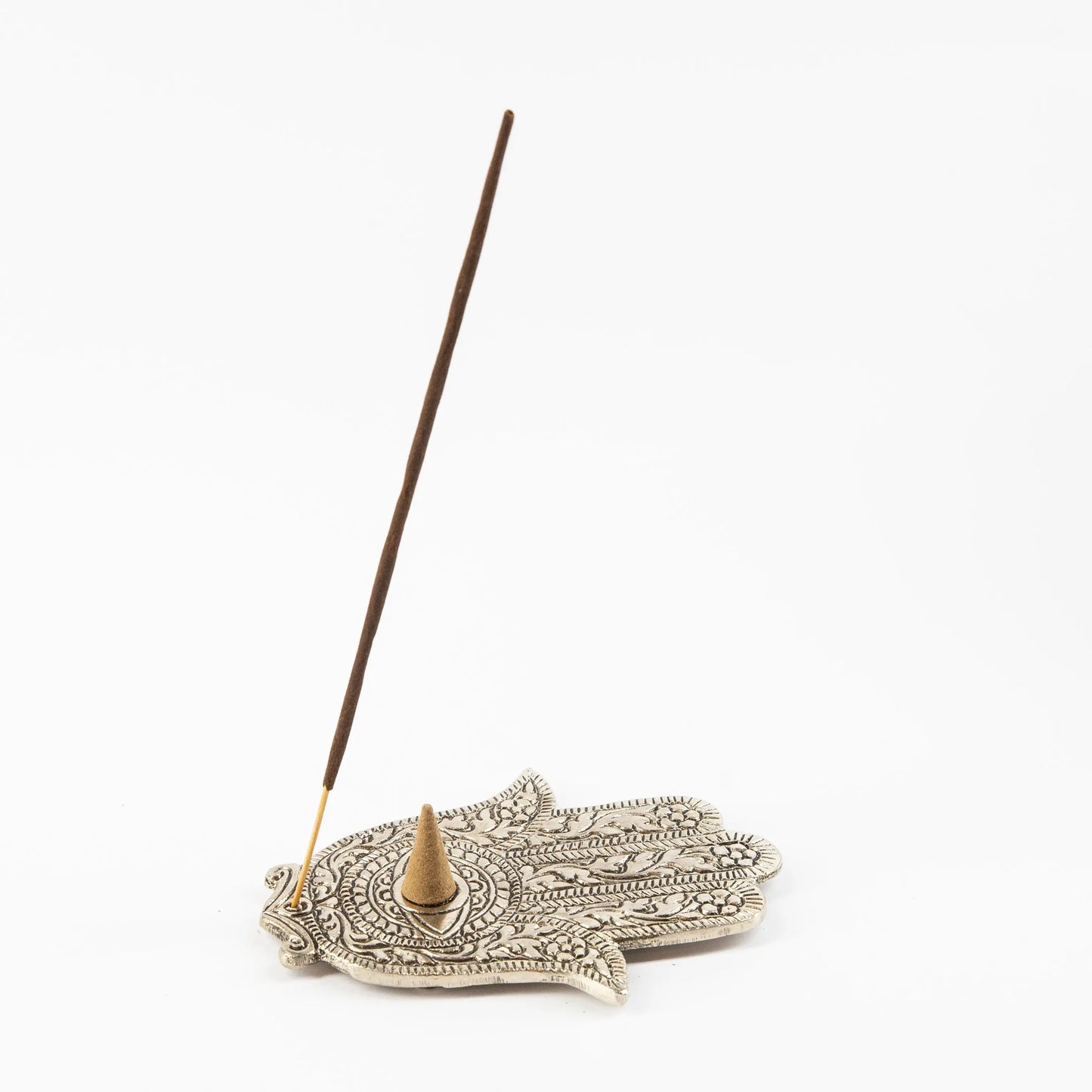 Silver Hamsa hand incense holder with intricate patterns, holding stick and cone incense by Artschatz. - Hamsa Hand - Silver - Incense Holder for Sticks and Cones