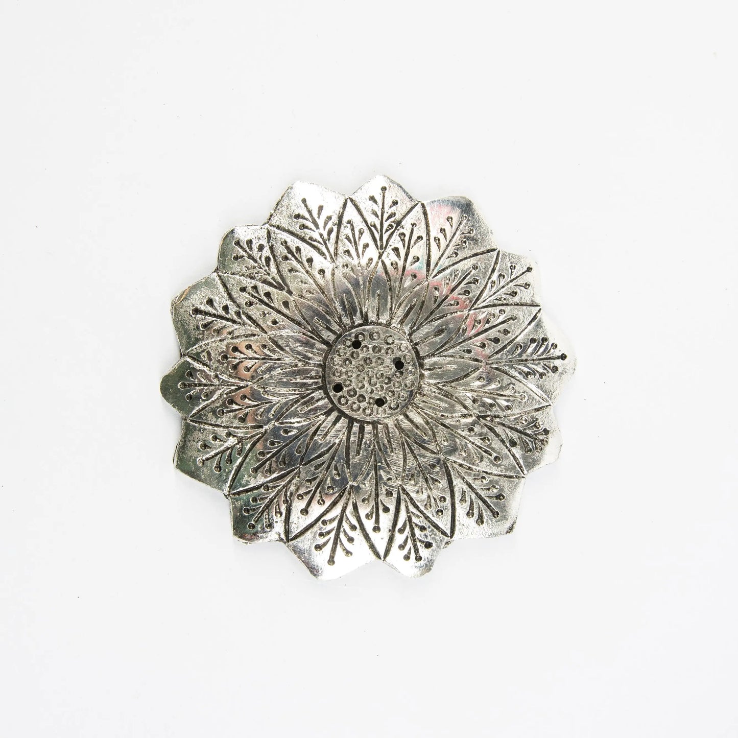 Silver lotus flower incense holder with intricate petal detailing by Artschatz. - Lotus Flower - Silver - Incense Holder for Sticks and Cones