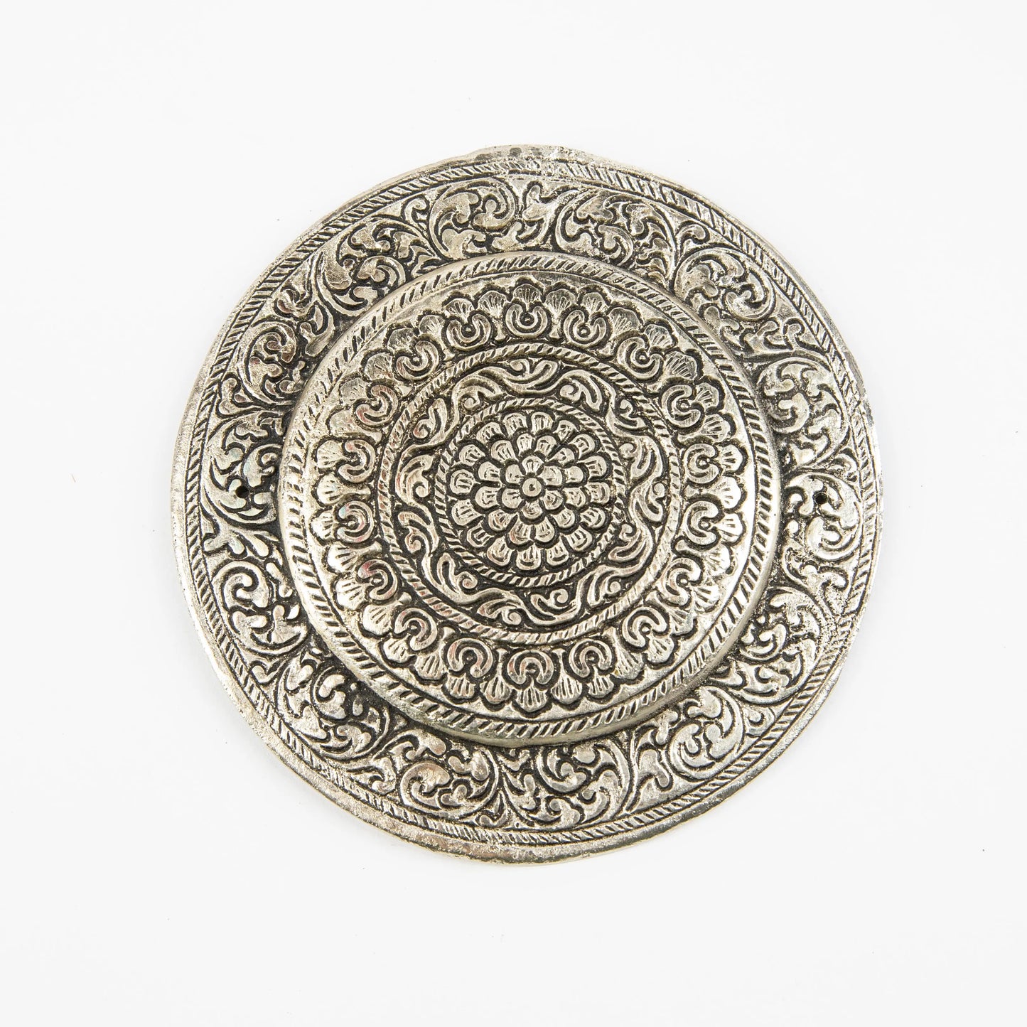 Silver Om incense holder with intricate floral and swirl engravings, Artschatz design. - Om / Aum- Silver - Incense Holder for Sticks and Cones