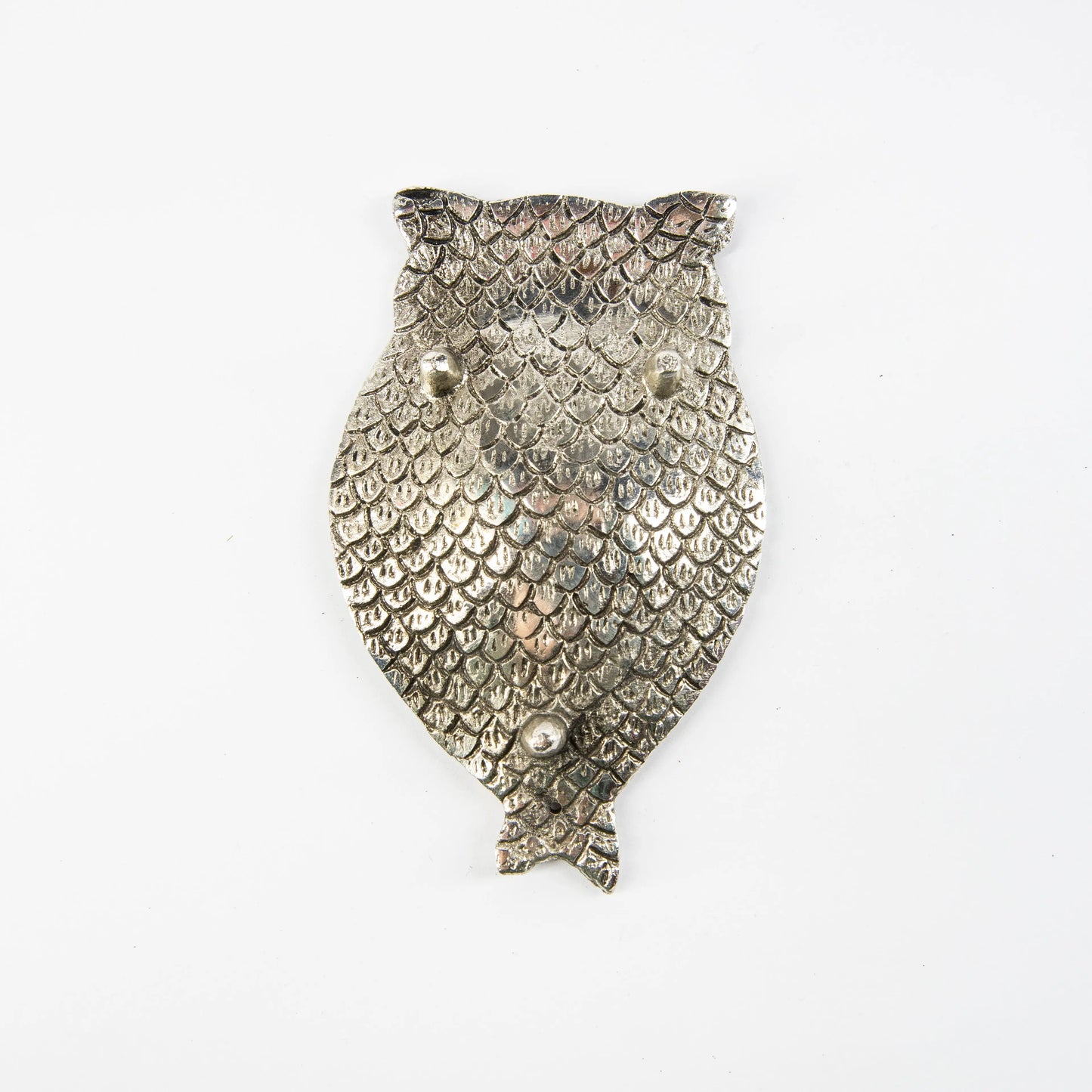 Silver owl-shaped incense holder with turquoise eyes and textured feathers, Artschatz design. - Owl Incense Holder - Silver with Turquoise Eyes