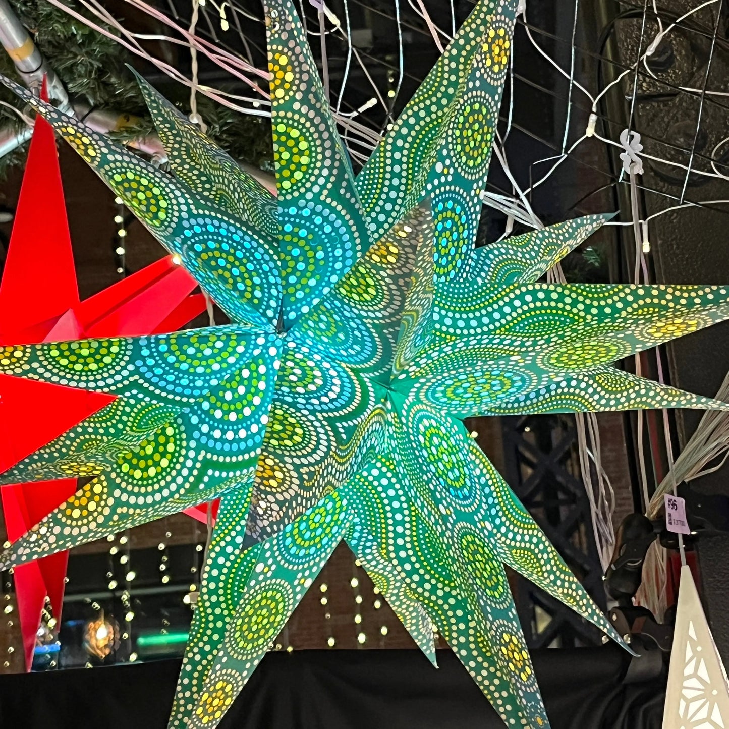 Kaleidoscope Moravian green paper star light with yellow/white & turquoise tissue inlay by Artschatz – kaleidoscopic glow.