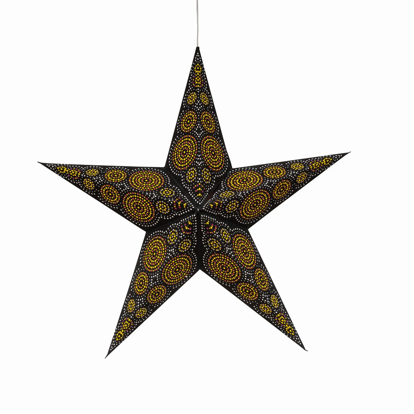 24-inch Artschatz black paper star with white and yellow kaleidoscope pattern and five points. - Kaleidoscope 5 Pointer 24" black/ white / yellow