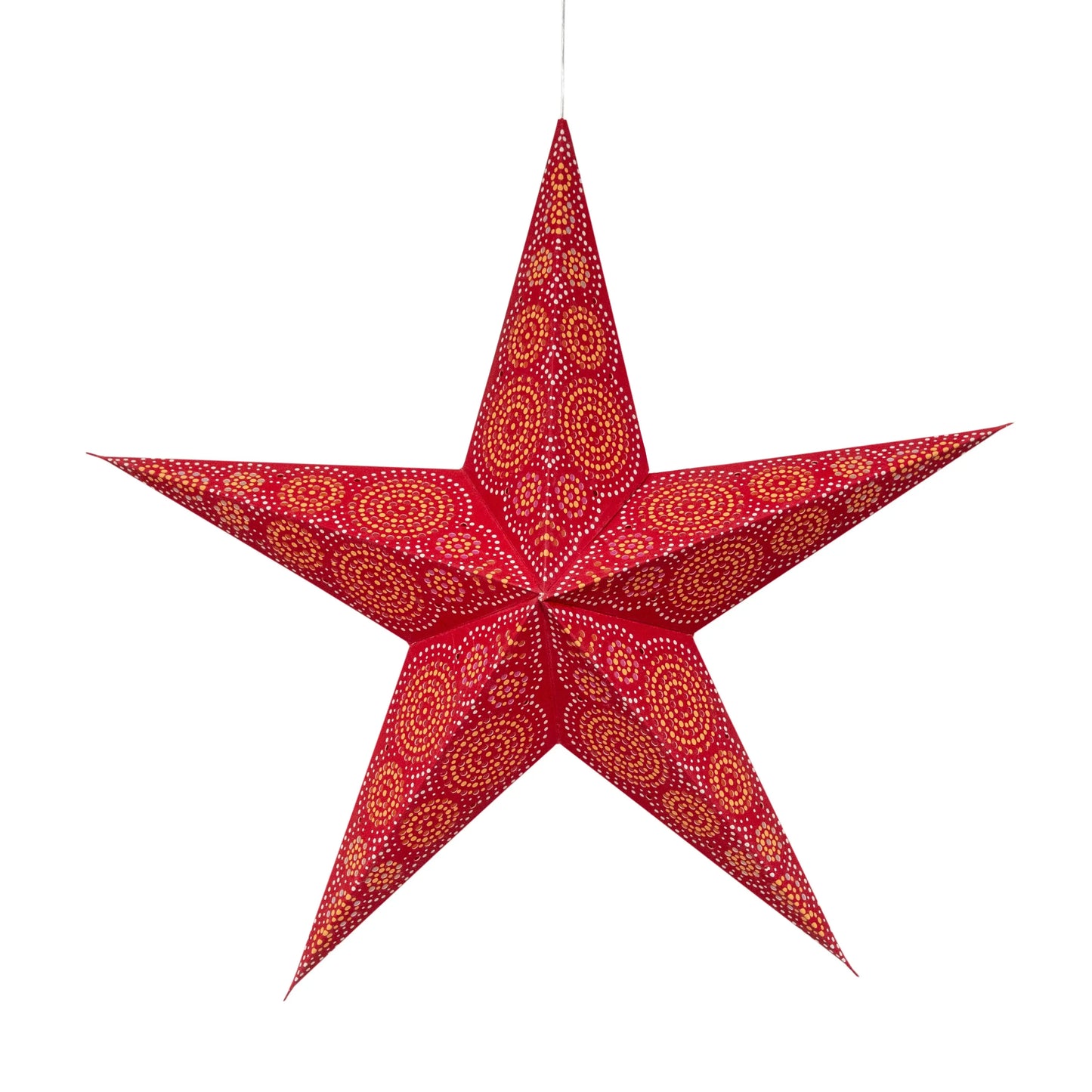 24-inch red and orange Artschatz Kaleidoscope 5-point paper star with intricate patterns. - Kaleidoscope 5 Pointer 24" red/orange