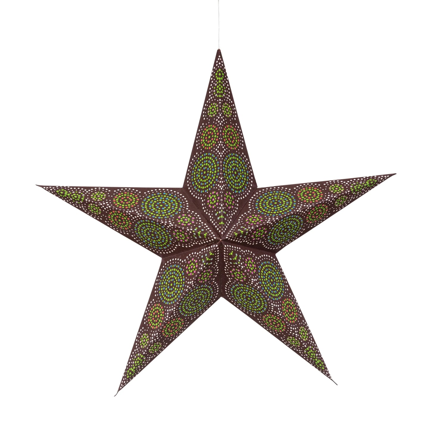 Brown and green 24-inch Artschatz paper star with intricate kaleidoscope pattern, 5-pointed design. - Kaleidoscope 5 Pointer 24" brown / green