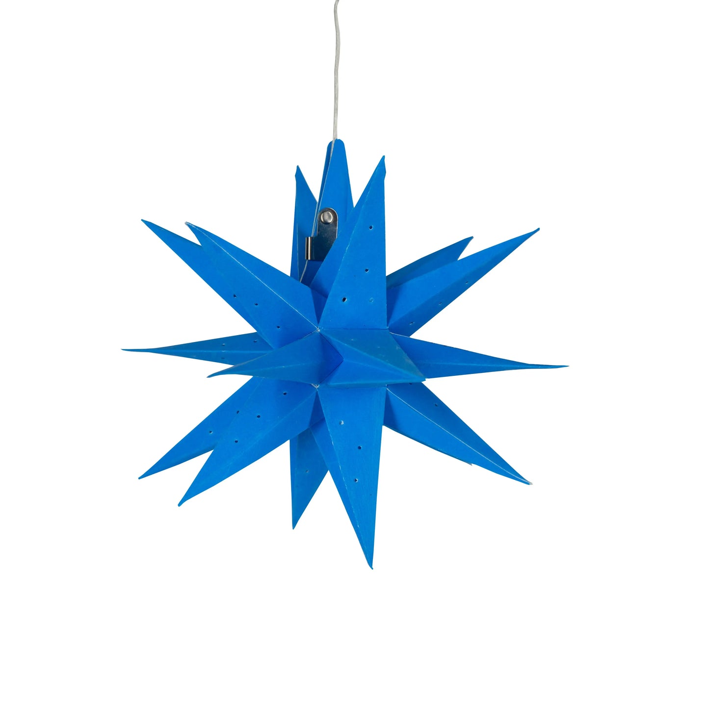 7-inch azure Artschatz Moravian mini star with pointed needle punch design and hanging string. - Moravian Mini Star 7" Azure Needle Punch