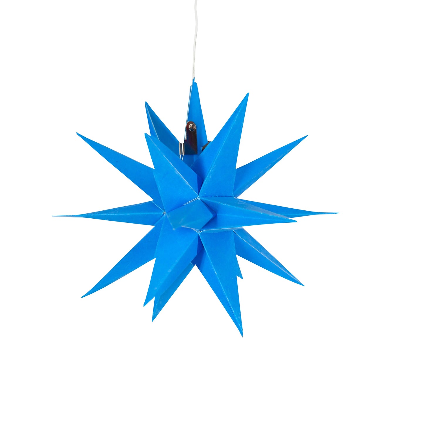 7-inch Artschatz Moravian mini paper star in vibrant azure blue with hanging loop. - Moravian Mini Star 7" Azure