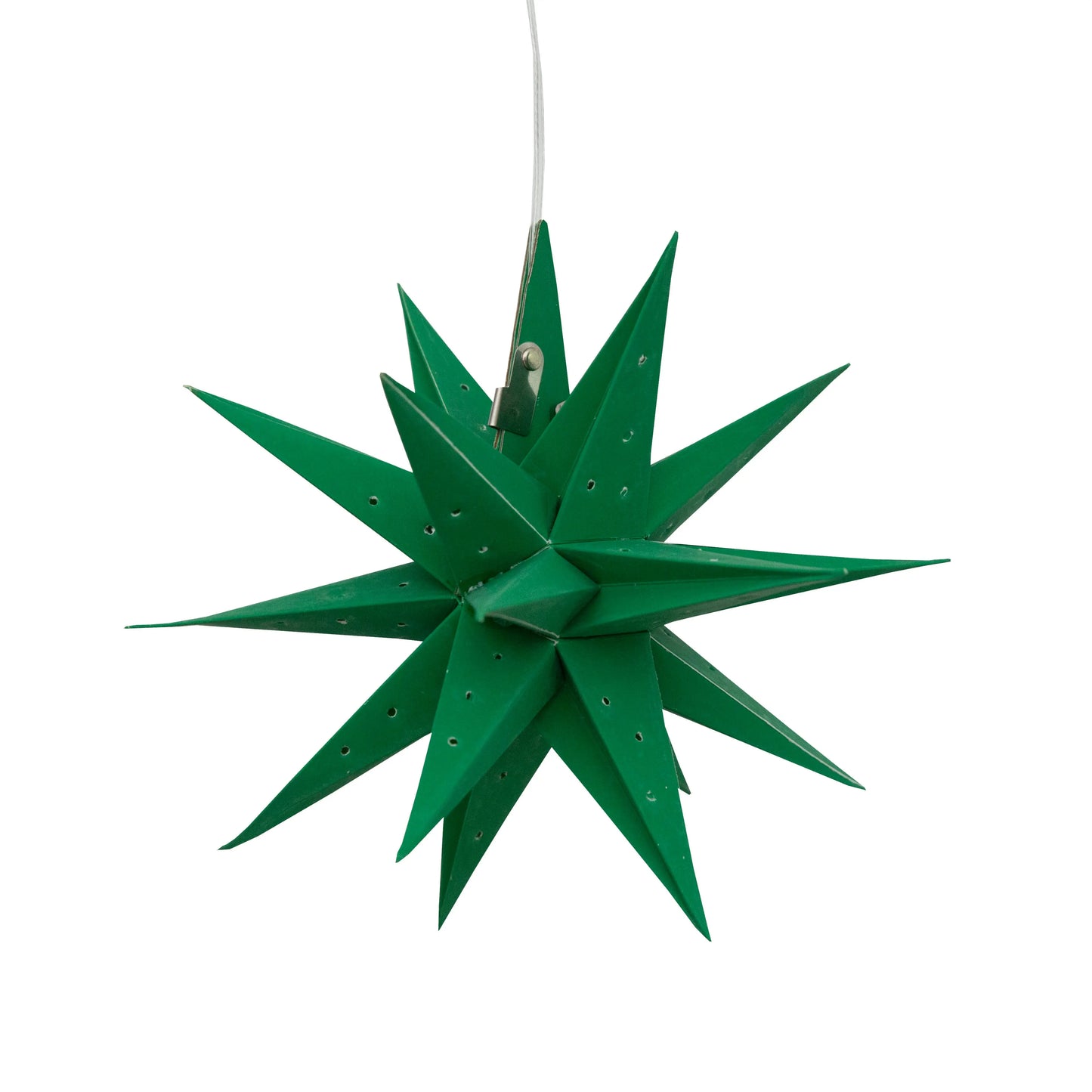 7-inch green needle punch Moravian mini star by Artschatz with hanging wire and small perforations. - Moravian Mini Star 7" Green needle punch