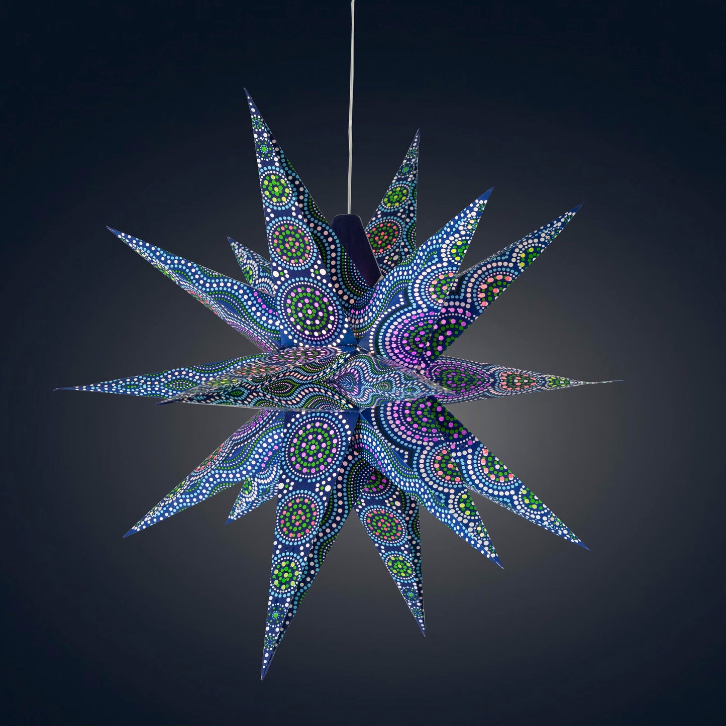 Kaleidoscope Moravian Star 24" blue with green / white and purple / red tissue