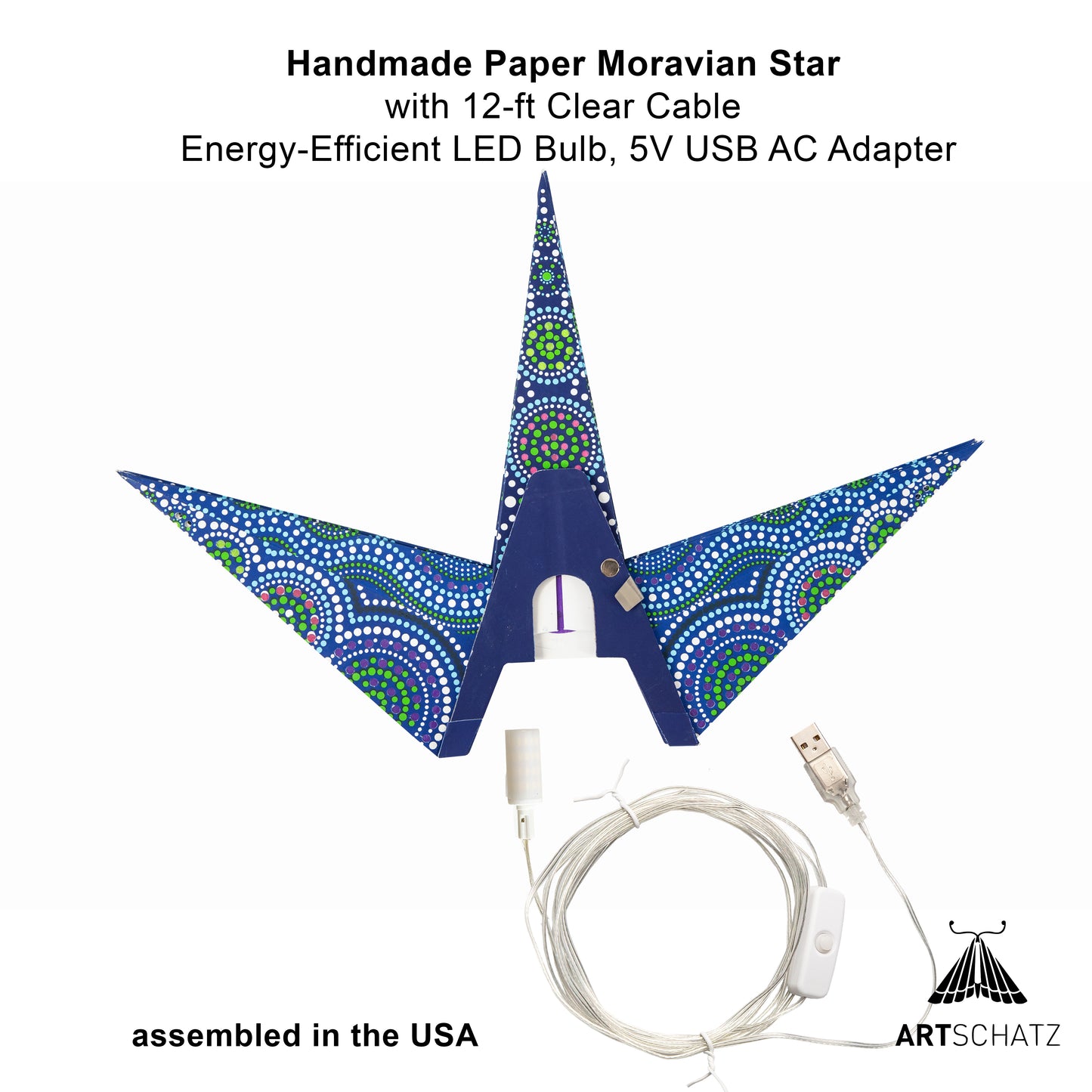 Kaleidoscope Moravian Star 24" blue with green / white and purple / red tissue