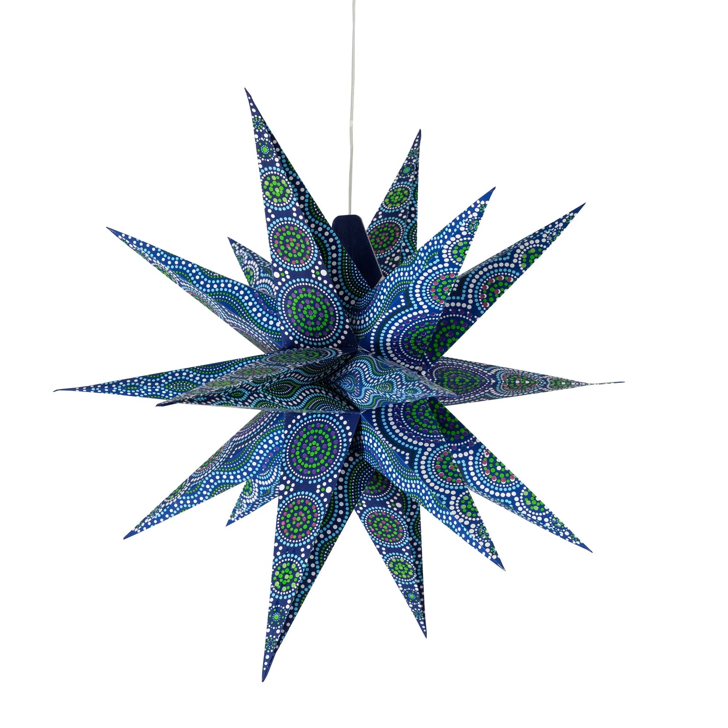 24" Artschatz Kaleidoscope Moravian Star paper lantern in blue with green, white, and purple patterns. - Kaleidoscope Moravian Star 24" blue with green / white and purple / red tissue