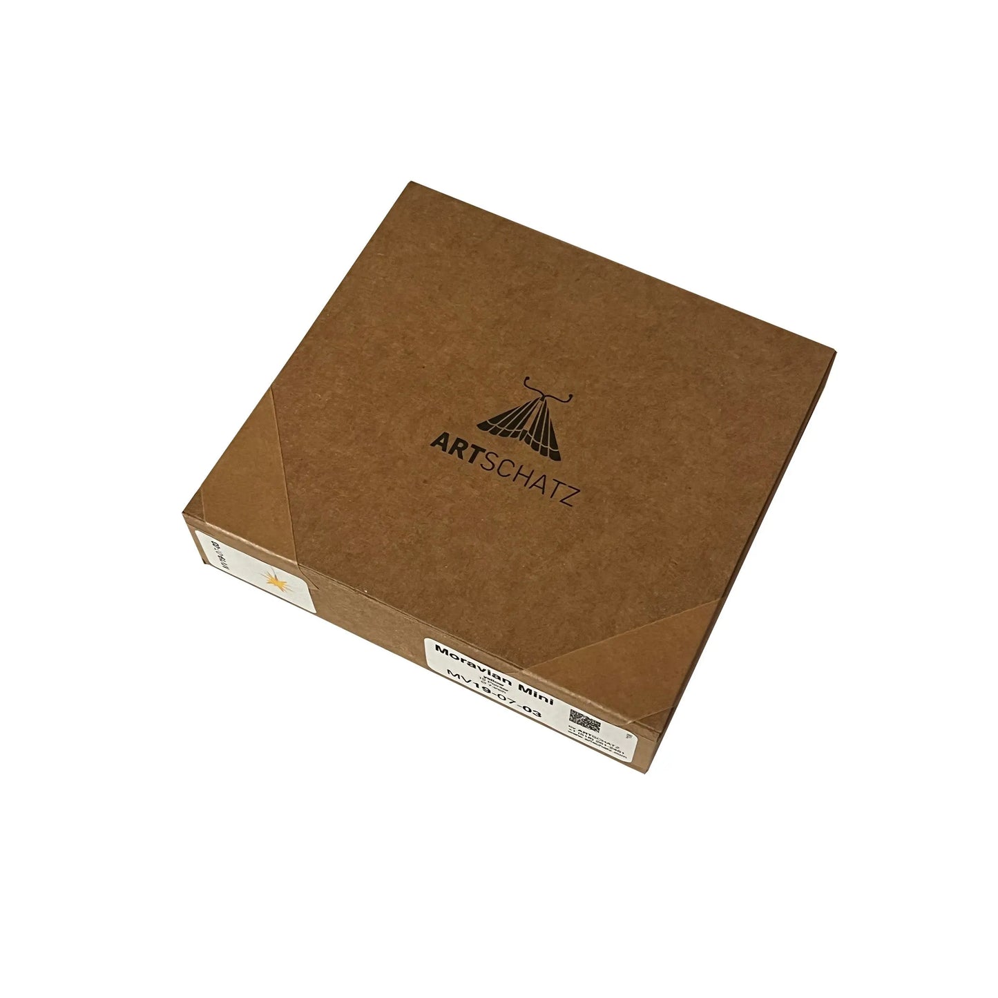 Brown Artschatz branded cardboard box for Moravian Mini Star 7" Green needle punch with product labels. - Moravian Mini Star 7" Green needle punch