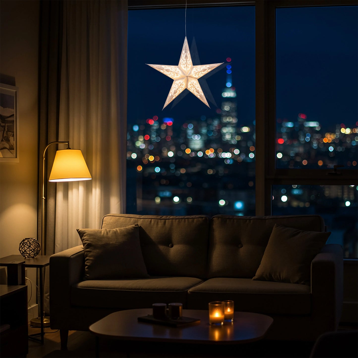 Gray Artschatz Nigella 5-point 16-inch paper star lantern glowing against city night backdrop. - Nigella 5 Point 16" Gray