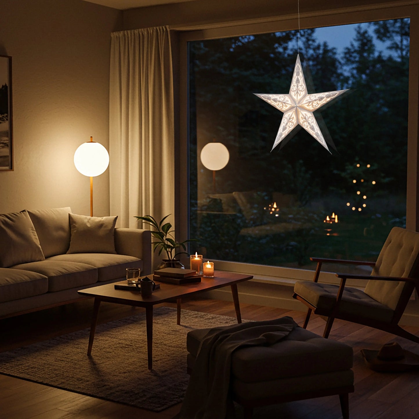 Gray 24" Artschatz Nigella 5-point paper star hanging illuminated in cozy living room window. - Nigella 5 Point 24" Gray