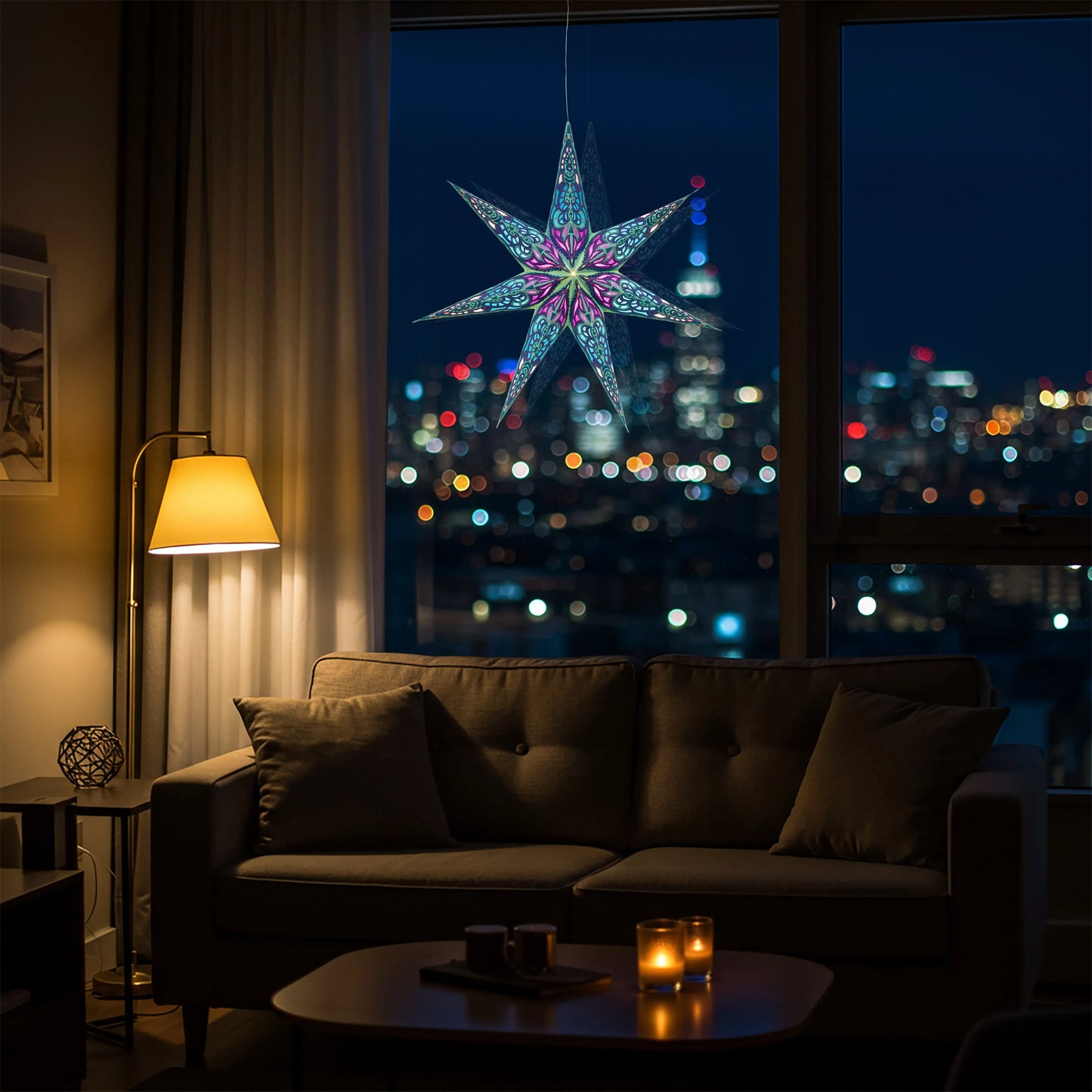 Nigella 7-point 23" paper star in green and purple hanging in front of window, Artschatz decorative light. - Nigella 7 Point 23" Green / Purple