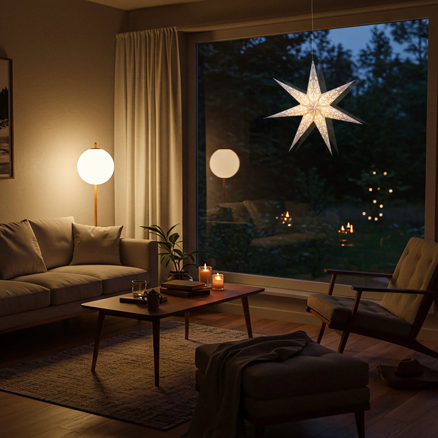 Nigella 7-point 23" gray glitter paper star hanging in cozy living room window Artschatz. - Nigella 7 Point 23" Gray w/ Glitter