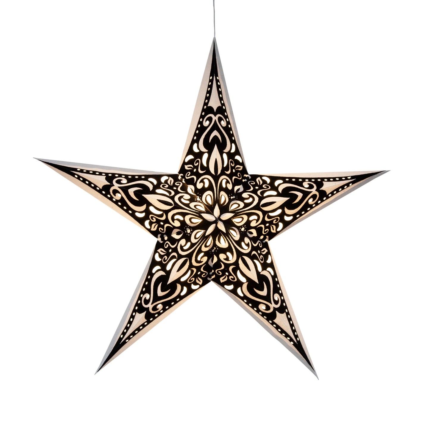 24-inch Artschatz Narna 5-pointer paper star with intricate black and pearl floral patterns. - Narna 5 Pointer 24" Pearl