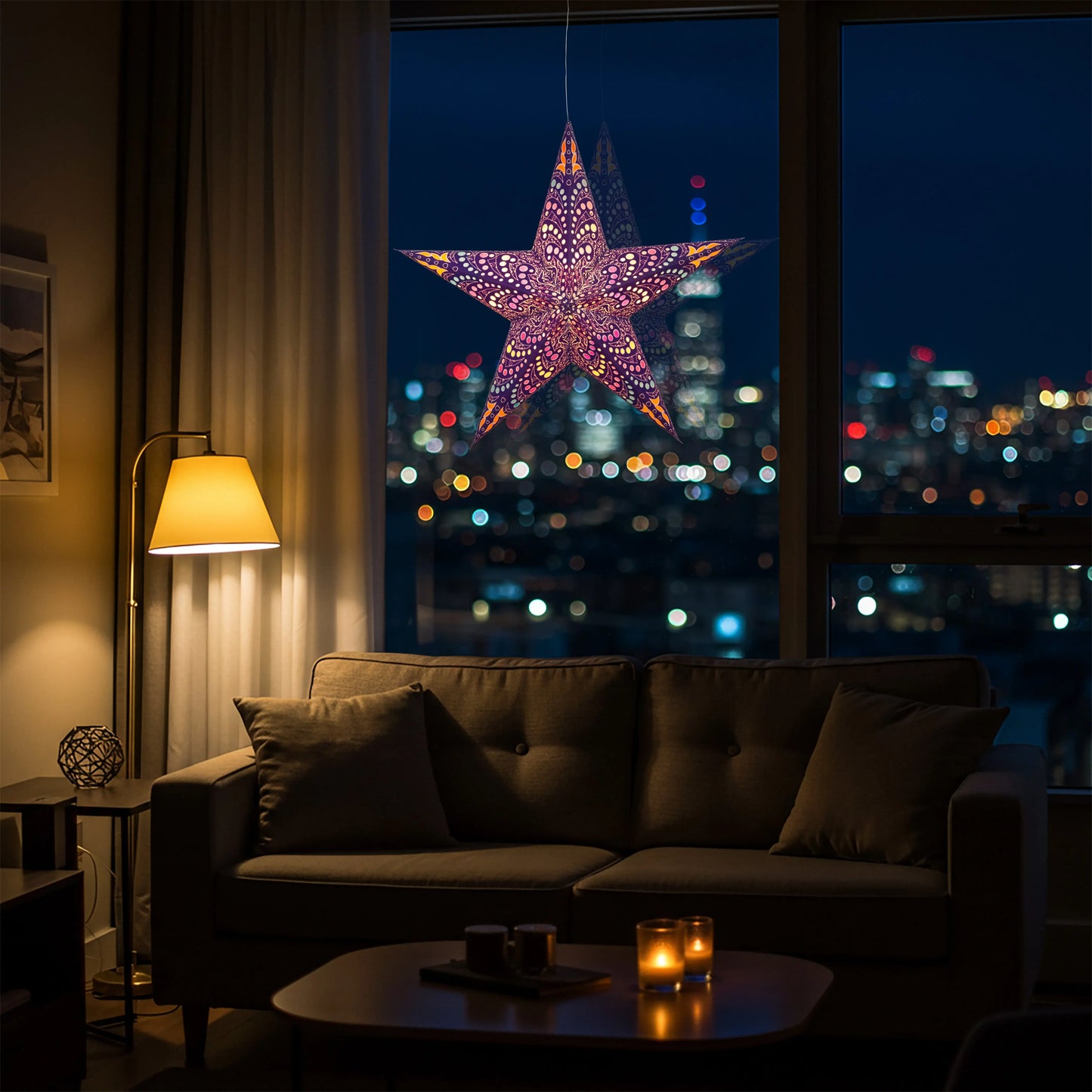 Purple and white 24" Artschatz Orléans 5-point paper star hanging in a window at night. - Orléans 5 Pointer 24" Purple / White