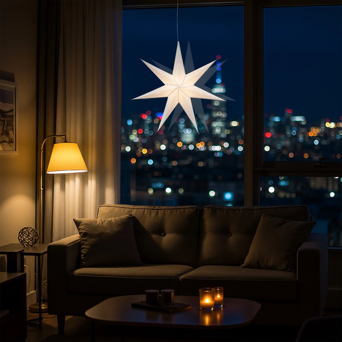 White 23-inch Artschatz Prima Dottie 7-point paper star lantern glowing by window at night. - Prima Dottie 7 Pointer 23 inch White