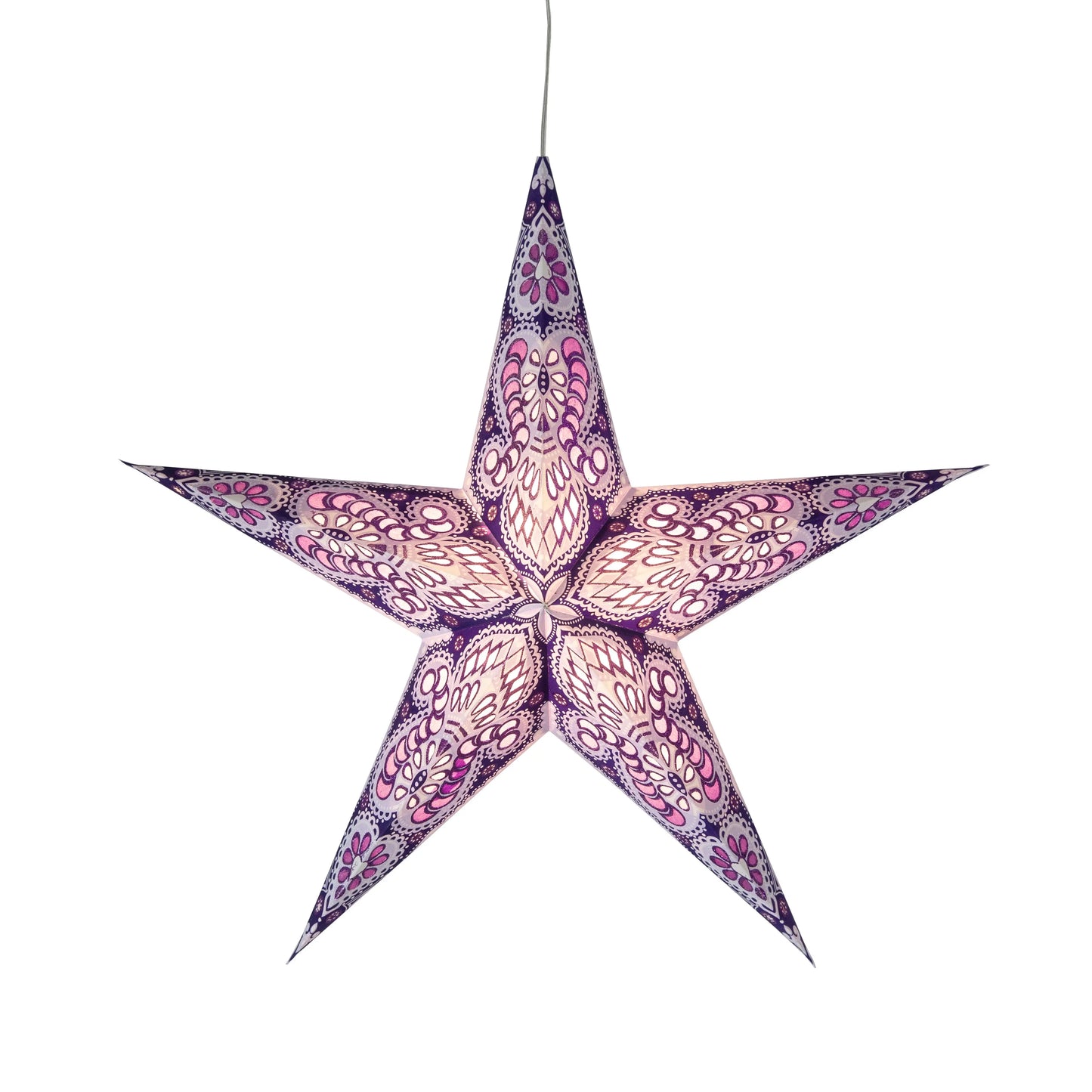16-inch violet Artschatz Phoenix 5-point glitter paper star with intricate floral patterns. - Phoenix 5 Pointer 16 inch Violet