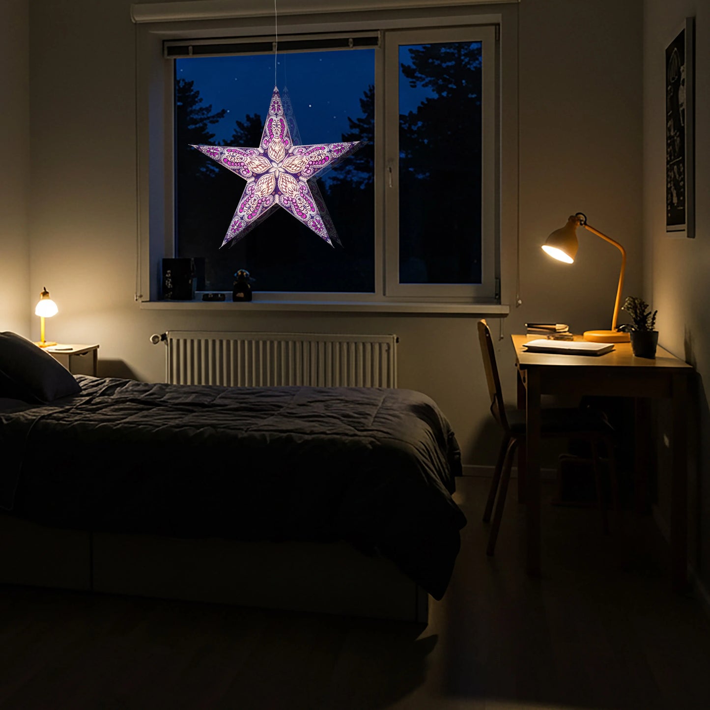 Violet 24-inch Artschatz Phoenix 5-point glitter paper star hanging in window at night. - Phoenix 5 Pointer 24 inch Violet
