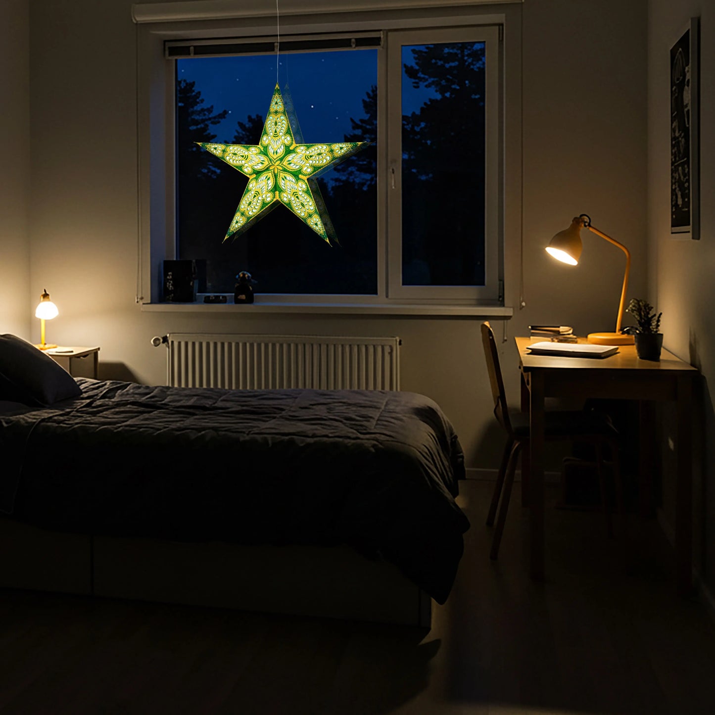 24-inch yellow 5-point Artschatz paper star lantern glowing in window at night. - Phoenix 5 Pointer 24 inch Yellow