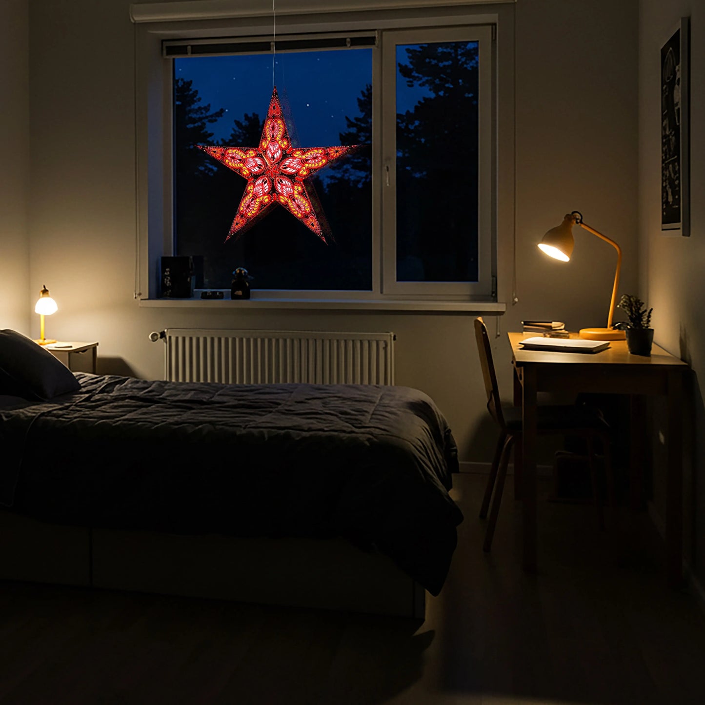 Red 24-inch Artschatz Phoenix 5-point paper star illuminated in dark bedroom window. - Phoenix 5 Pointer 24 inch Red