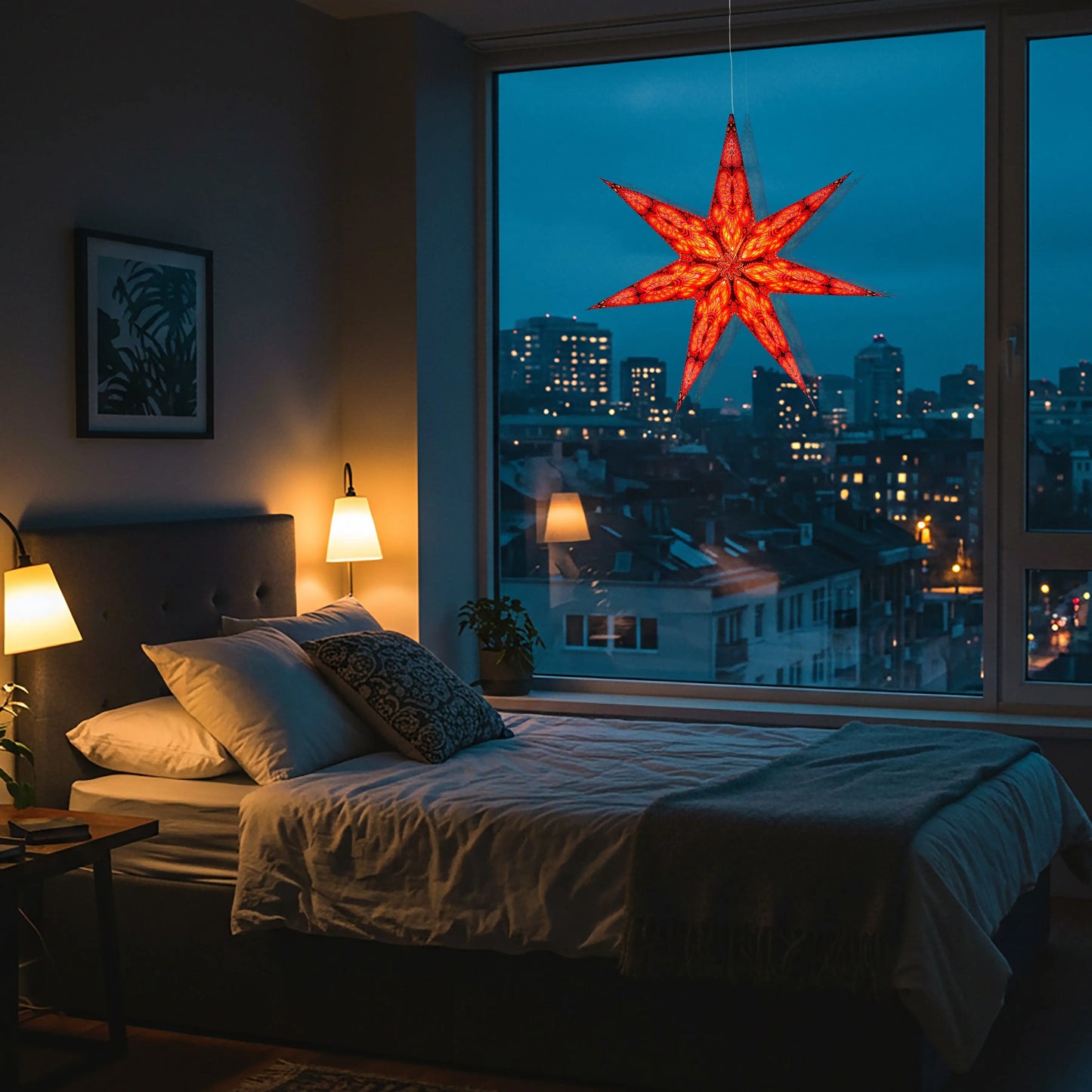 23" red glitter Phoenix 7 point star light by Artschatz hanging in bedroom window at night. - Phoenix 7 Point 23" Red w/ Glitter