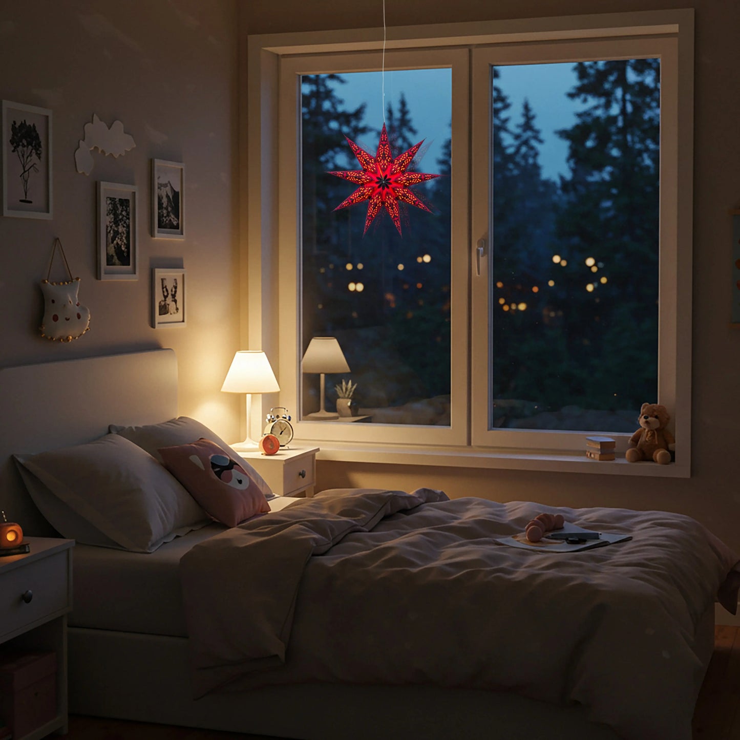 Red 17-inch 9-point paper star lantern hanging in window, Artschatz festive decor. - Phoenix 9 Point 17" Red
