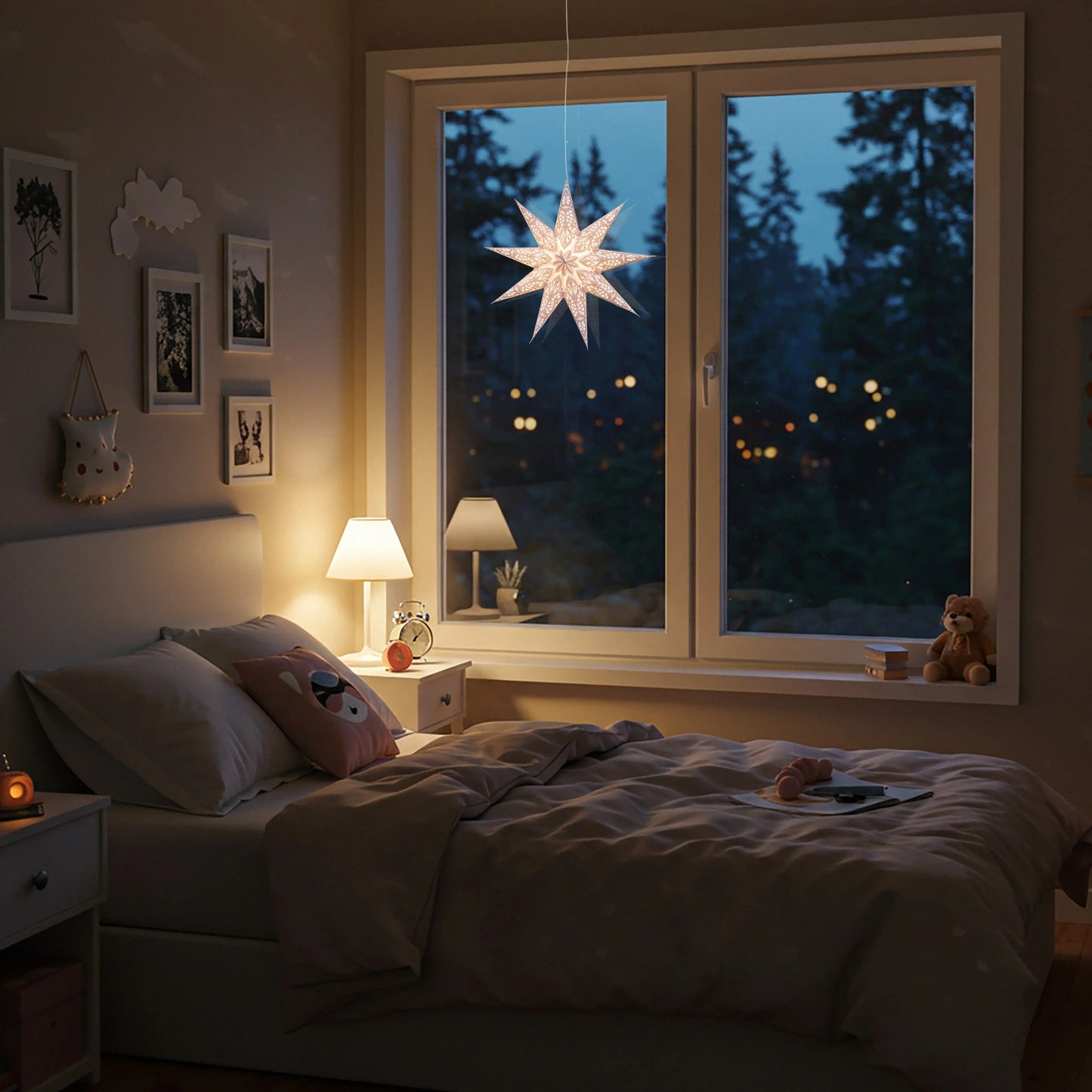 White and gray 17" 9-point paper star lantern hanging by window, soft warm glow, Artschatz. - Phoenix 9 Point 17" White / Gray