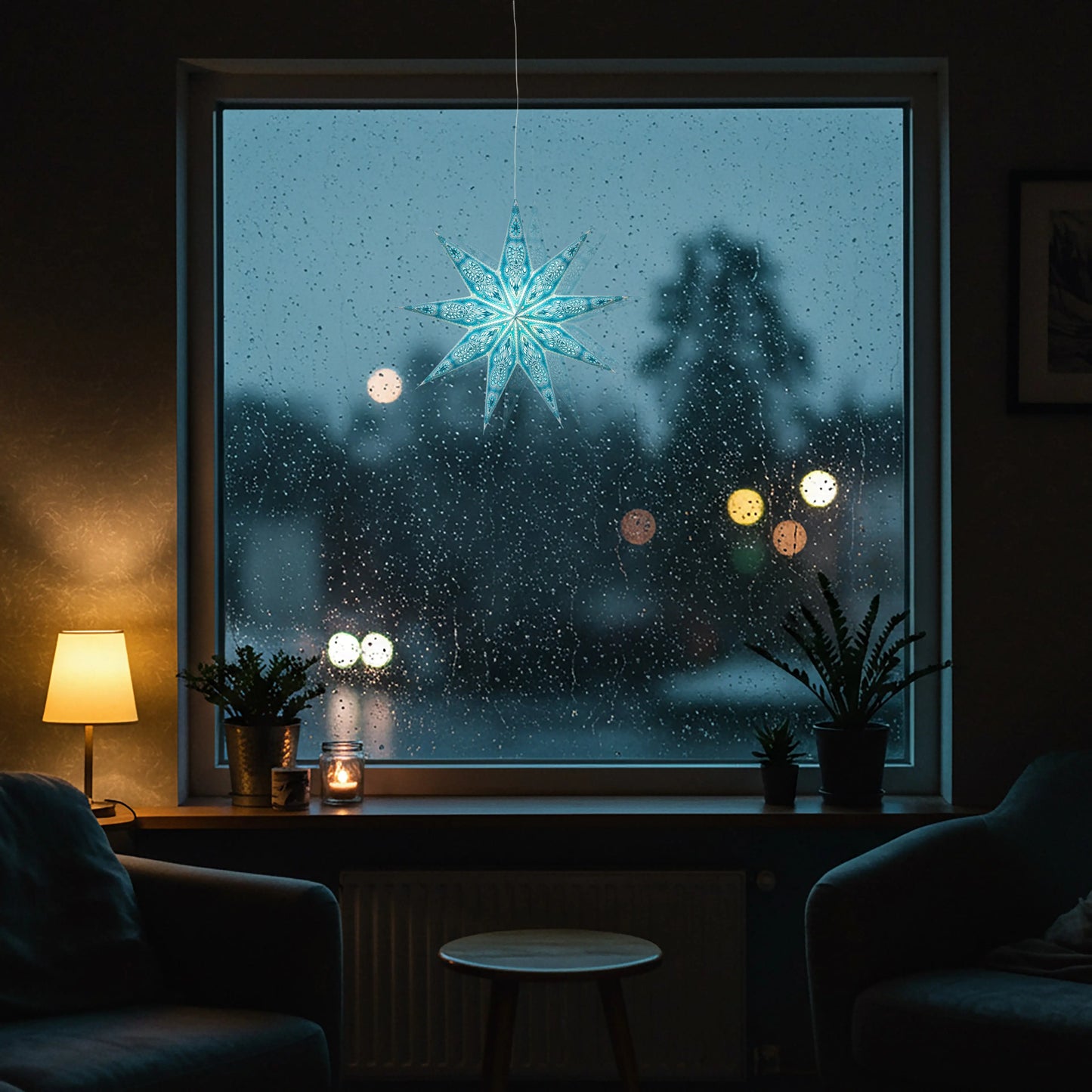 Turquoise and sky blue 9-point Artschatz glitter paper star hanging glowing in window at dusk. - Phoenix 9 Point 17" Turquoise/ Sky blue