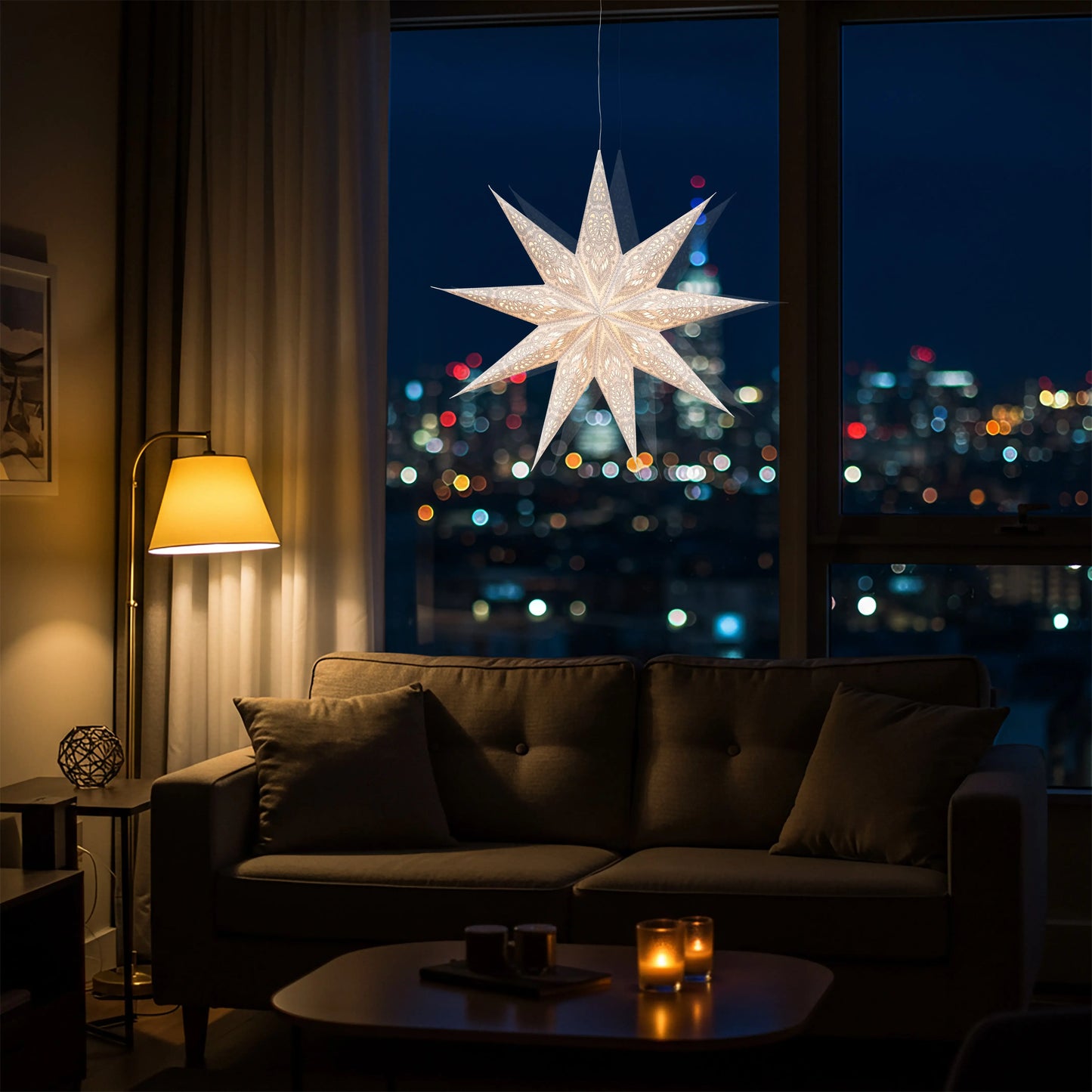 White and gray Artschatz Phoenix 9-point paper star lantern hanging by window at night. - Phoenix 9 Point 25" White / Gray