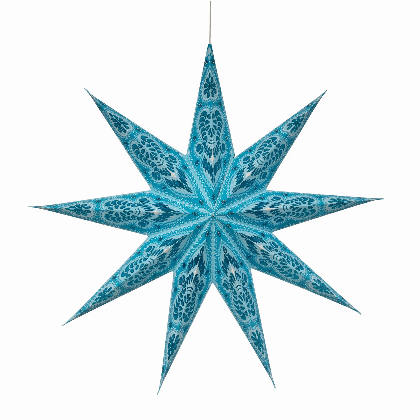 Turquoise and sky blue 25-inch 9-point Artschatz paper star with glitter detailing. - Phoenix 9 Point 25" Turquoise / Sky Blue w/ Glitter