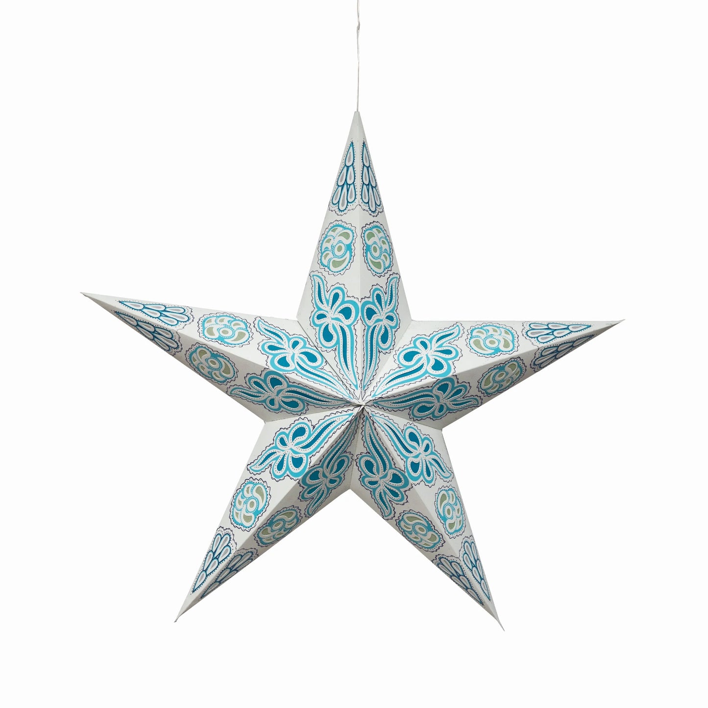 White and turquoise 24" 5-point paper star with Artschatz floral glitter design. - Pippa 5 Point 24" White / Turquoise