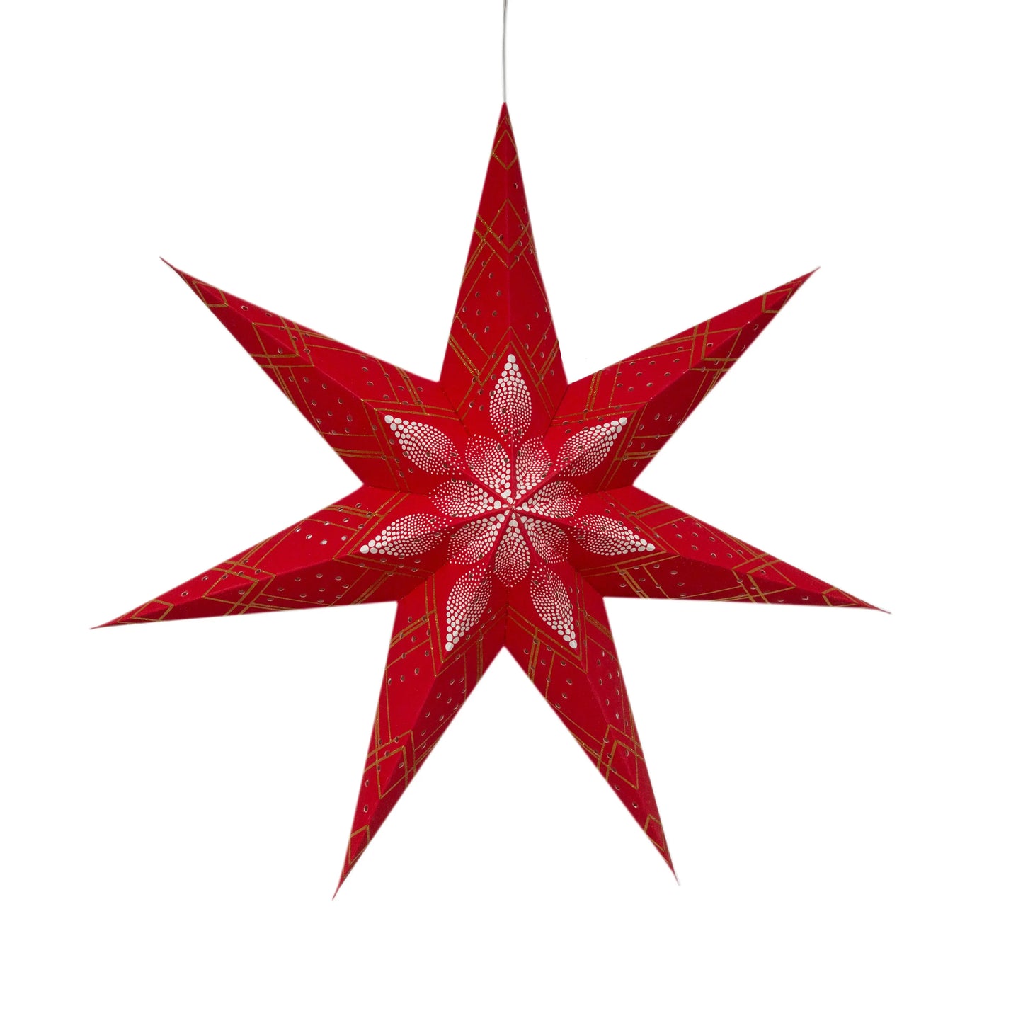 Red 24-inch 7-point Artschatz poinsettia paper star with glitter accents. - Poinsettia 7 Point 24" Red with Glitter