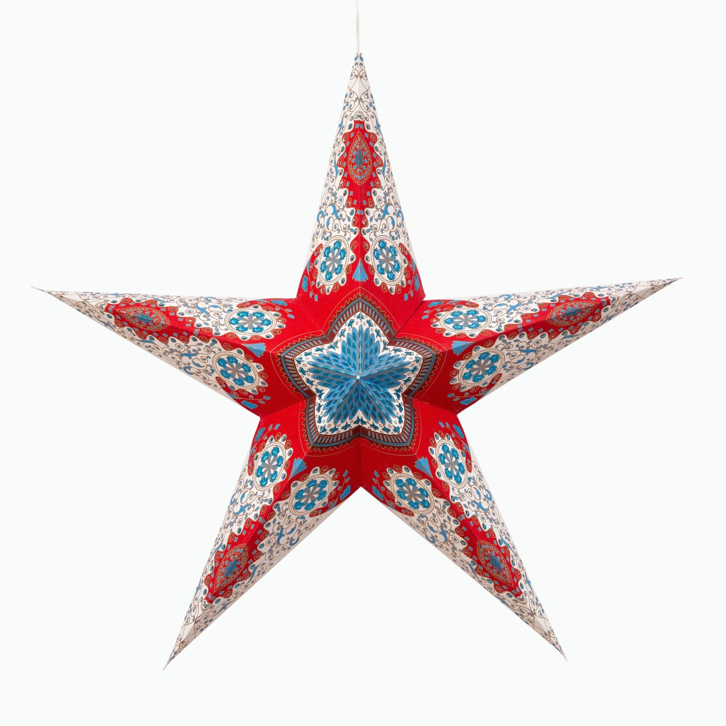 Red 24" Artschatz Provence 5-point star with blue and white floral glitter accents. - Provence 5 Point 24" Red
