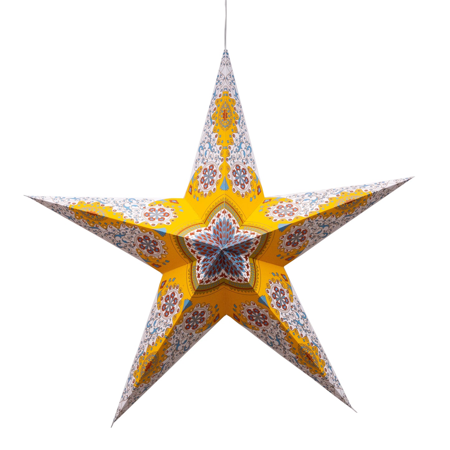 Yellow 24-inch Artschatz Provence 5-point paper star with glitter and floral patterns. - Provence 5 Point 24" Yellow