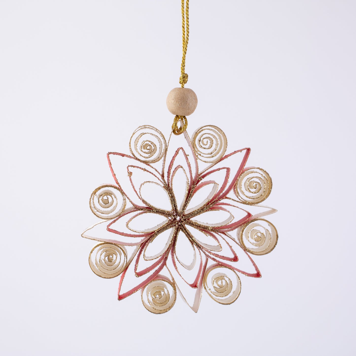 Quilling Snowflake "Neve" white / red with gold glitter - 4 inch Ø | Christmas / Winter