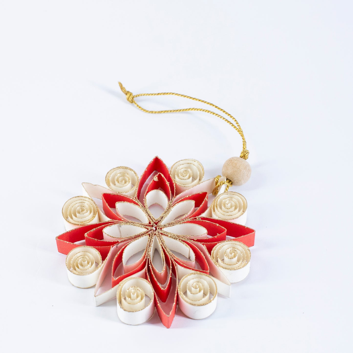 Quilling Snowflake "Neve" white / red with gold glitter - 4 inch Ø | Christmas / Winter