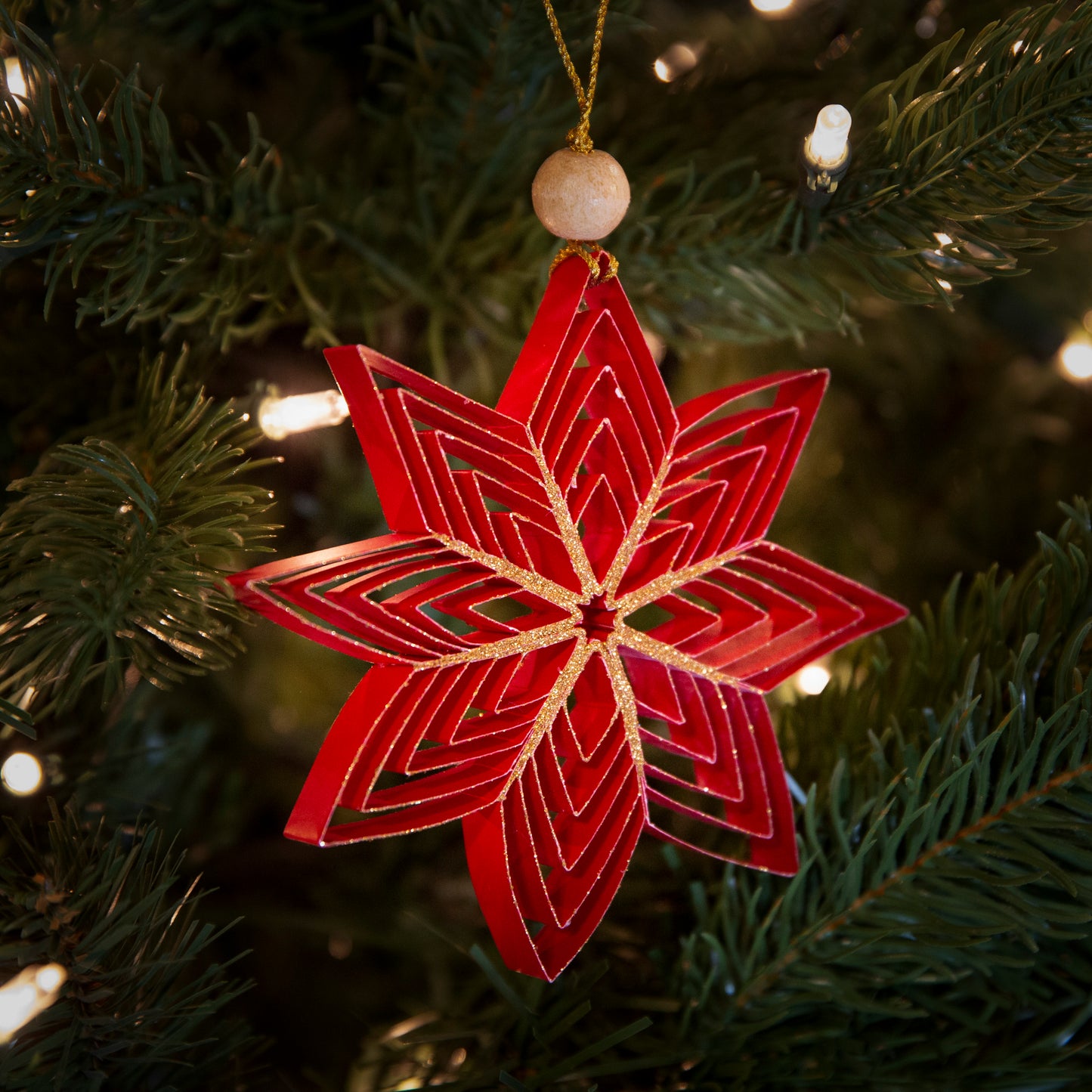 Quilling Snowflake "Inanna" red with gold glitter - 4 inch Ø | Christmas / Winter