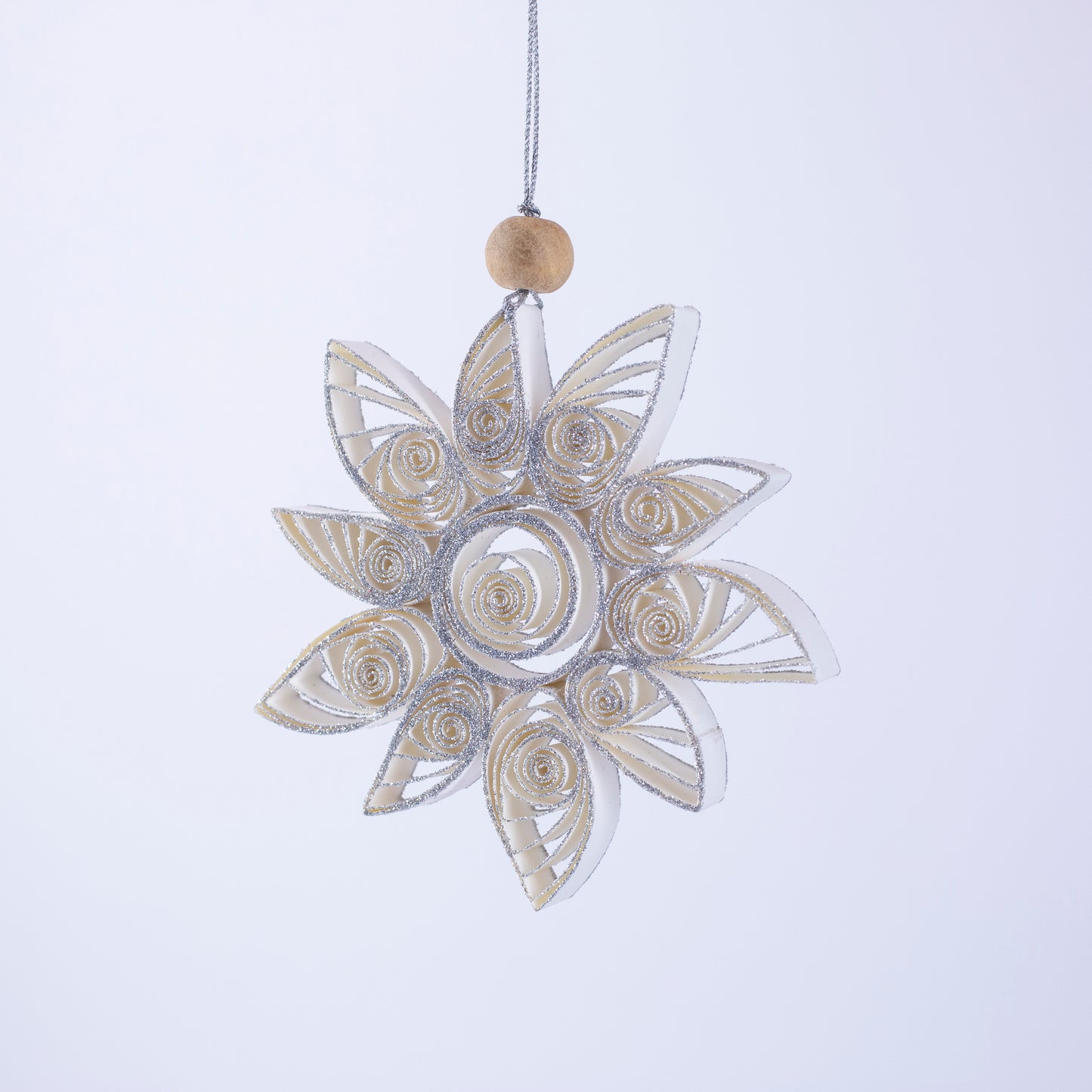 Quilling Snowflake "Aubin" white with silver glitter - 4 inch Ø | Christmas / Winter