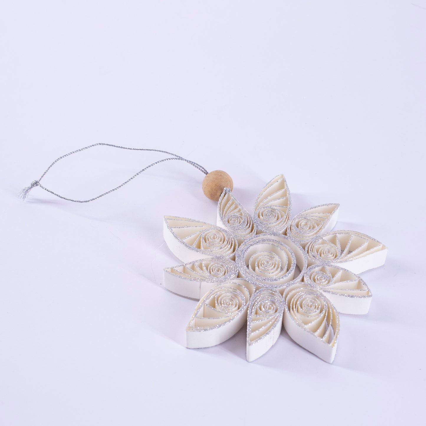 Quilling Snowflake "Aubin" white with silver glitter - 4 inch Ø | Christmas / Winter