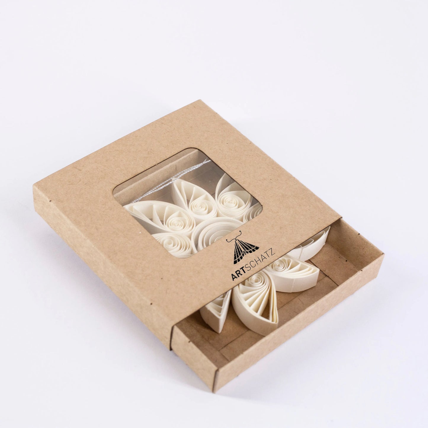 White quilling snowflake ornament in brown Artschatz gift box with clear window. - Quilling Snowflake "Aubin" white - 4 inch Ø | Christmas / Winter
