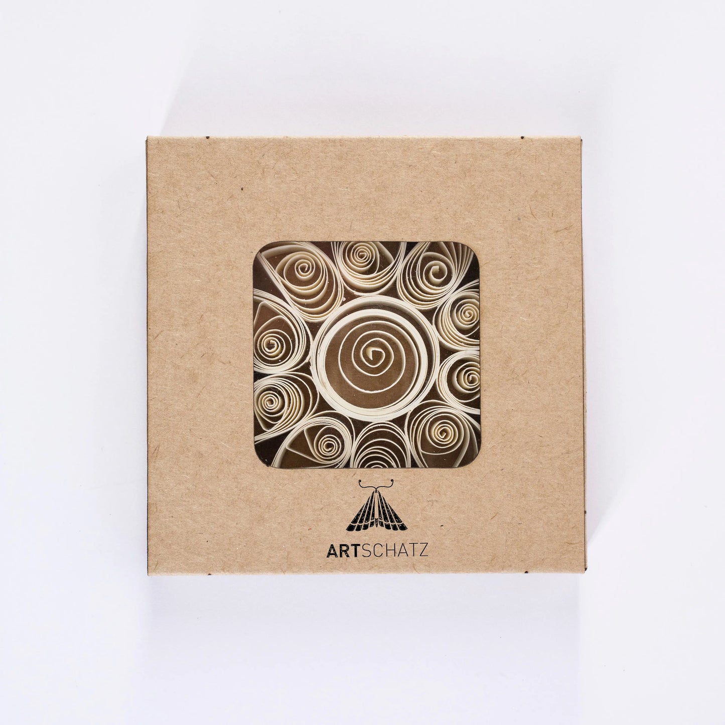Artschatz quilled snowflake ornament with beige and white paper swirls in eco-friendly cardboard box. - Quilling Snowflake "Aspen" 5 inch Ø | Christmas / Winter