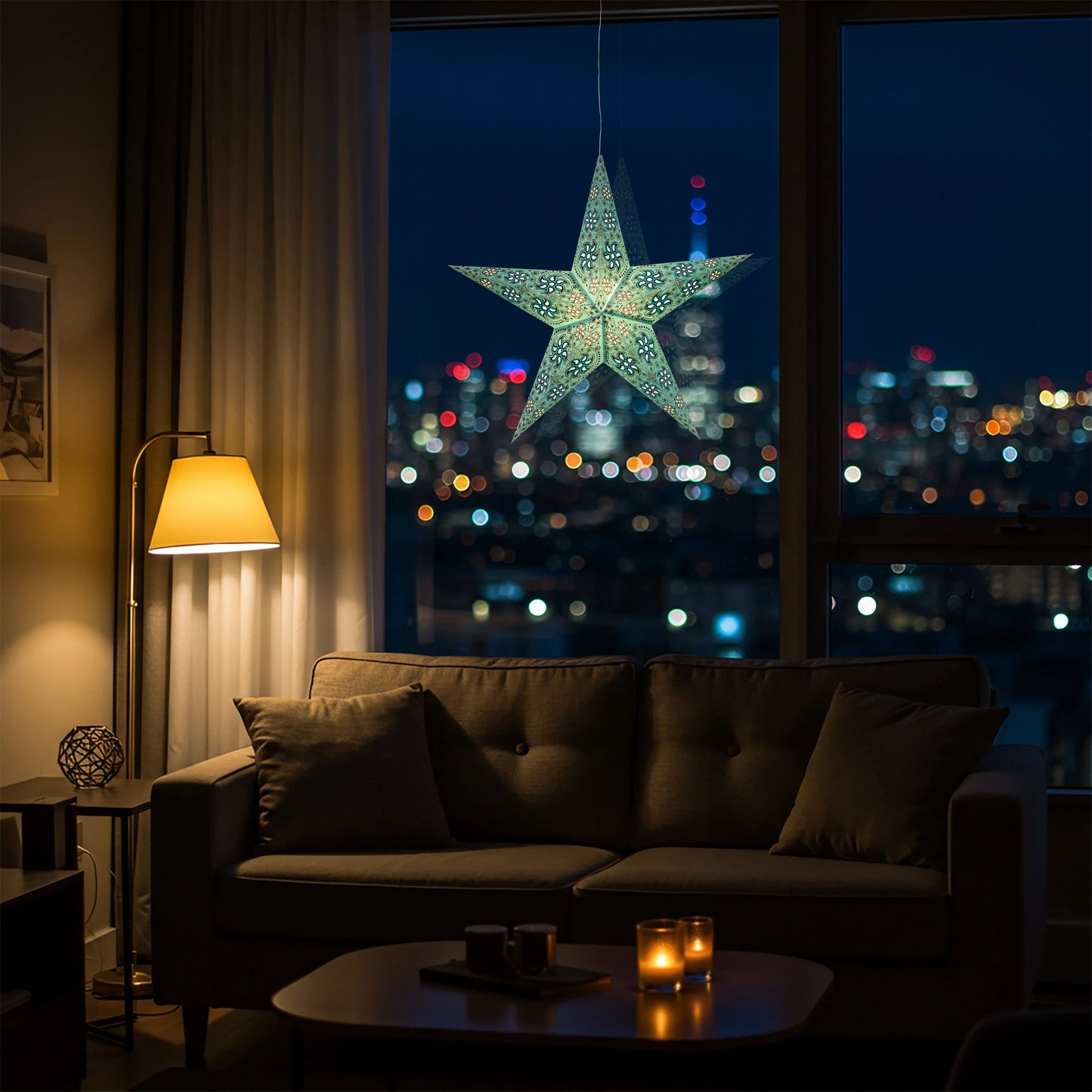 Teal 24" glittery 5-point paper star hanging in window at night Artschatz. - Siklon 5 Pointer 24" Teal w/ Glitter