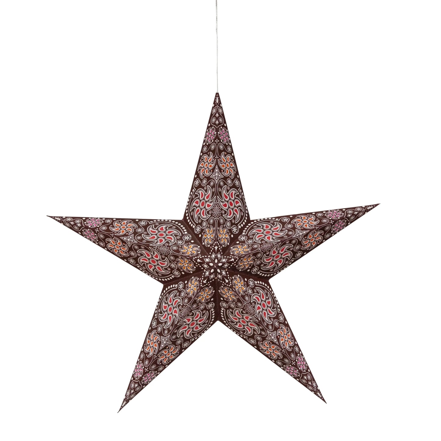 24-inch brown and white 5-point paper star with intricate floral pattern, Artschatz design. - Siklon 5 Pointer 24" Brown / White