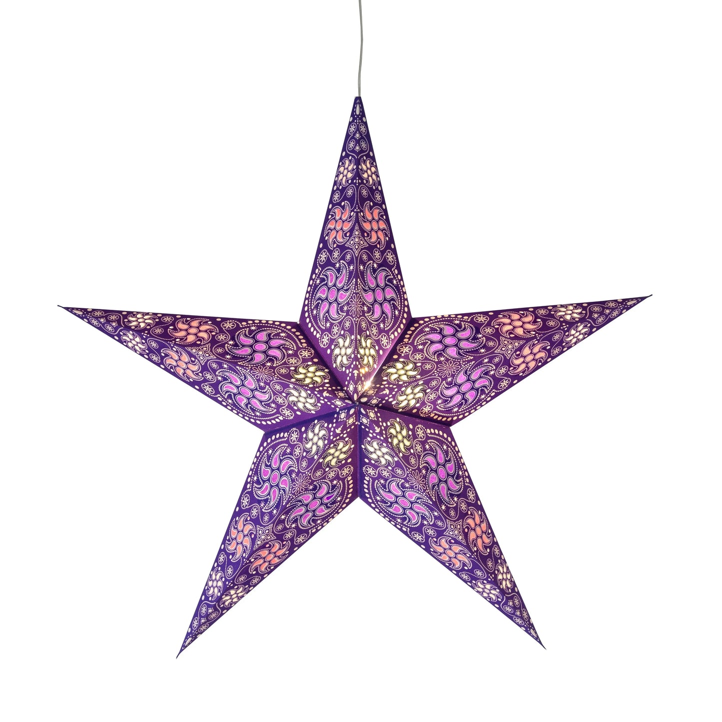 Purple 24-inch Artschatz glittery paper 5-point star lantern with intricate cutout patterns. - Siklon 5 Pointer 24" Purple