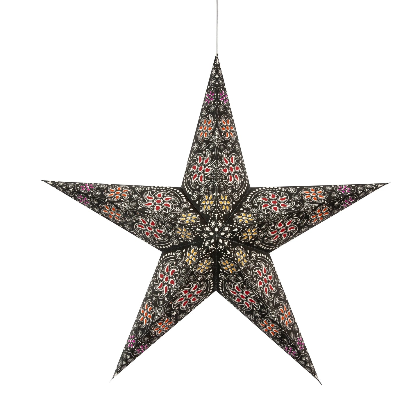 Black and white 24" perforated paper star with glitter accents, Artschatz Siklon 5 Pointer. - Siklon 5 Pointer 24" black / white